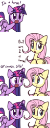 Size: 2000x5120 | Tagged: safe, artist:lilboulder, fluttershy, twilight sparkle, alicorn, horse, pegasus, pony, g4, :<, :d, c:, captain obvious, comic, cute, dialogue, duo, eye contact, female, folded wings, frown, implied changeling, looking at each other, looking at you, mare, open mouth, raised hoof, shyabetes, simple background, smiling, twiabetes, twilight sparkle (alicorn), white background