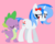 Size: 557x447 | Tagged: safe, artist:gempainter32, spike, oc, oc:diamond nella, dragon, pony, unicorn, g4, blue mane, blue tail, bow, cute, diamond, female, hair bow, heart, male, mare, ocbetes, pink background, pixel art, red eyes, simple background