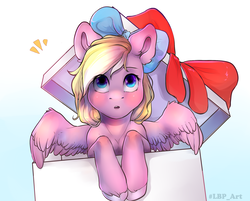 Size: 2300x1846 | Tagged: safe, artist:lucengue, artist:luxuryblackpants, oc, oc only, oc:bay breeze, pegasus, pony, blushing, bow, box, cute, female, hair bow, looking up, mare, pony in a box, present, spread wings, wings