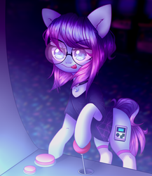 Size: 1024x1182 | Tagged: safe, artist:astralblues, oc, oc only, oc:teto naomi, earth pony, pony, arcade, clothes, female, glasses, mare, shirt, solo