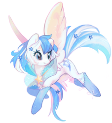 Size: 1462x1613 | Tagged: safe, artist:n0pies, oc, oc only, oc:starline, pegasus, pony, clothes, female, flying, hair accessory, mare, pegasus oc, see-through, shawl, simple background, socks, solo, white background, wings