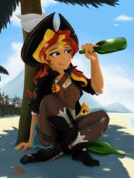 Size: 1536x2048 | Tagged: safe, artist:qzygugu, sunset shimmer, equestria girls, g4, alcohol, beach, boots, bottle, clothes, female, hat, pants, pirate, pirate hat, rum, shimmer me timbers, shoes, smiling, solo, sword, tree, weapon