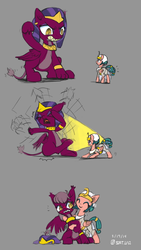 Size: 1080x1920 | Tagged: safe, artist:satv12, somnambula, the sphinx, pegasus, pony, sphinx, g4, blushing, clothes, comic, dialogue, female, hape, hug, macro, mare, quadrupedal, shrinking, simple background, size difference, wings
