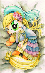 Size: 2109x3437 | Tagged: safe, artist:mashiromiku, applejack, earth pony, pony, g4, applejack also dresses in style, clothes, dress, female, high res, solo, traditional art, watercolor painting