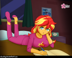 Size: 1235x1000 | Tagged: safe, artist:clouddg, sonata dusk, sunset shimmer, equestria girls, g4, bed, book, breasts, busty sunset shimmer, clock, clothes, female, looking at you, pajamas, pen, pillow, solo