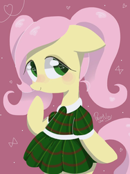 Size: 768x1024 | Tagged: safe, artist:1drfl_world_end, fluttershy, pegasus, pony, g4, alternate hairstyle, bipedal, clothes, dress, female, floppy ears, looking at you, looking sideways, mare, smiling, solo
