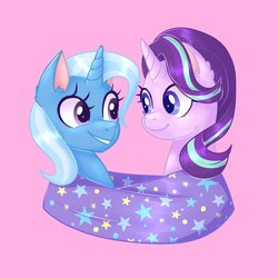 Size: 2000x2000 | Tagged: safe, artist:solareflares, starlight glimmer, trixie, pony, unicorn, g4, cape, clothes, duo, female, high res, lesbian, looking at each other, shared clothing, ship:startrix, shipping, smiling, trixie's cape