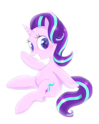 Size: 818x1024 | Tagged: safe, artist:1drfl_world_end, starlight glimmer, pony, unicorn, g4, cute, female, glimmerbetes, looking at you, looking sideways, mare, open mouth, simple background, sitting, smiling, solo, waving, white background