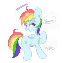Size: 640x640 | Tagged: safe, artist:1drfl_world_end, rainbow dash, pegasus, pony, g4, dialogue, female, folded wings, looking at you, mare, open mouth, simple background, solo, speech bubble, turned head, white background