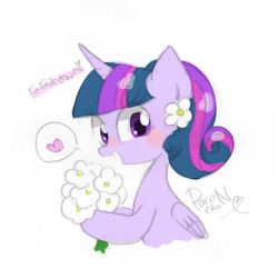 Size: 640x640 | Tagged: safe, artist:1drfl_world_end, twilight sparkle, alicorn, pony, g4, bouquet, bust, female, flower, flower in hair, folded wings, heart, looking at you, mare, pictogram, simple background, smiling, solo, speech bubble, twilight sparkle (alicorn), white background