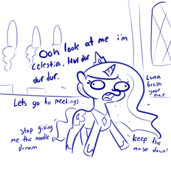 Size: 1650x1650 | Tagged: safe, artist:tjpones, princess luna, alicorn, pony, g4, crown, dialogue, faic, female, funny, funny as hell, implied princess celestia, jewelry, mare, mocking, monochrome, noodle incident, open mouth, regalia, simple background, solo, this will end in tears and/or a journey to the moon, white background, woonoggles