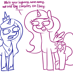 Size: 1650x1650 | Tagged: safe, artist:dsp2003, princess celestia, princess luna, alicorn, pony, g4, comic, dialogue, disproportionate retribution, female, i can't believe it's not tjpones, mare, open mouth, pure unfiltered evil, royal sisters, simple background, single panel, sketch, style emulation, this will end in death, this will end in murder, this will end in regicide, this will end in sororicide, white background