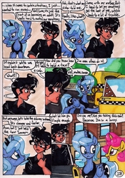 Size: 1392x1989 | Tagged: safe, artist:newyorkx3, princess luna, oc, oc only, oc:tommy, human, comic:young days, comic, dialogue, manehattan, s1 luna, taxi, traditional art