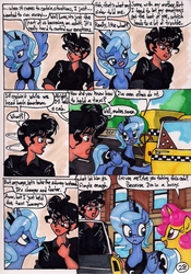 Size: 1392x1989 | Tagged: safe, artist:newyorkx3, princess luna, oc, oc only, oc:tommy, human, comic:young days, g4, comic, dialogue, manehattan, s1 luna, taxi, traditional art