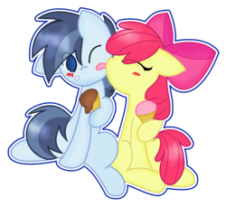 Size: 1518x1392 | Tagged: safe, artist:sapphireartemis, apple bloom, shady daze, earth pony, pony, g4, blushing, bow, crack shipping, female, hair bow, licking, male, shadybloom, shipping, side hug, simple background, straight, tongue out, transparent background