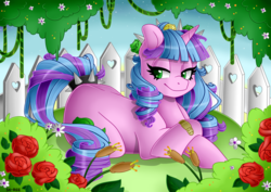 Size: 1600x1131 | Tagged: safe, artist:sk-ree, oc, oc only, oc:ivy lush, pony, unicorn, female, fence, flower, mare, prone, rose, solo