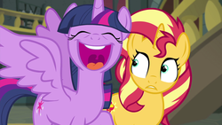 Size: 1920x1080 | Tagged: safe, screencap, sunset shimmer, twilight sparkle, alicorn, pony, unicorn, equestria girls, equestria girls series, forgotten friendship, g4, cute, duo, duo female, faic, female, library, mare, mawshot, open mouth, twiabetes, twilight sparkle (alicorn), twilight sparkle is best facemaker, volumetric mouth