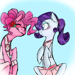 Size: 3000x3000 | Tagged: safe, artist:pyupew, pinkie pie, rarity, earth pony, pony, unicorn, g4, blushing, clothes, eyes closed, female, flower, flower in mouth, high res, lesbian, mare, mouth hold, ship:raripie, shipping, smiling