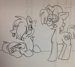 Size: 640x572 | Tagged: safe, artist:zee-stitch, scootaloo, snails, pegasus, pony, unicorn, g4, ..., female, glasses, honk, male, monochrome, prone, question mark, shipping, snailoo, straight