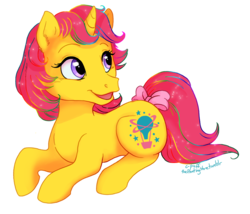 Size: 911x780 | Tagged: safe, artist:c-puff, baby explorer, pony, unicorn, g1, bow, female, simple background, solo, tail bow, transparent background