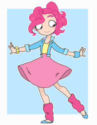 Size: 1024x1322 | Tagged: safe, artist:nicolas-px, pinkie pie, human, g4, clothes, cute, denim, female, humanized, jacket, leg warmers, looking at self, looking down, shoes, skirt, smiling, solo