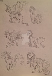 Size: 900x1305 | Tagged: safe, artist:macaroni-and-moths, applejack, fluttershy, pinkie pie, rainbow dash, rarity, twilight sparkle, alicorn, classical unicorn, earth pony, pegasus, pony, unicorn, g4, cloven hooves, cowboy hat, female, hat, horn, leonine tail, mane six, mare, monochrome, pencil drawing, tail feathers, traditional art, twilight sparkle (alicorn), unshorn fetlocks, watermark