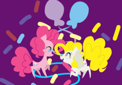 Size: 854x598 | Tagged: safe, artist:missxana, pinkie pie, surprise, earth pony, pegasus, pony, g4, chibi, cutie mark background, duo, female, lineless, mare, pointy ponies