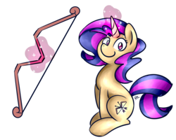 Size: 1280x1024 | Tagged: safe, artist:sugar morning, oc, oc only, oc:radiance, pony, unicorn, archery, bow (weapon), commission, cute, female, glowing horn, horn, looking at you, magic, magic aura, mare, simple background, sitting, smiling, solo, sweet, telekinesis, transparent background
