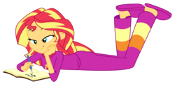 Size: 5205x2590 | Tagged: safe, artist:lifes-remedy, sunset shimmer, equestria girls, equestria girls specials, g4, my little pony equestria girls: better together, my little pony equestria girls: forgotten friendship, ass, ass up, bunset shimmer, butt, clothes, female, journal, pajamas, pen, simple background, slippers, solo, the pose, tongue out, transparent background, vector, writing