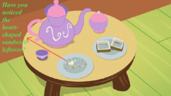 Size: 940x528 | Tagged: safe, discordant harmony, g4, coffee table, crumbles, cup, fluttershy's cottage, heart, leftovers, lovely, sandwich crust, sugar bowl, teacup, teapot, wooden floor