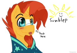 Size: 1057x735 | Tagged: safe, artist:fuzzypones, sunburst, pony, unicorn, g4, :p, colored, cute, male, silly, simple background, solo, stallion, sunblep, text, tongue out, white background