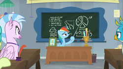 Size: 1280x720 | Tagged: safe, screencap, gallus, rainbow dash, sandbar, silverstream, classical hippogriff, griffon, hippogriff, g4, school daze, chalkboard, jewelry, necklace, paintbrush, pencil, picture frame, pointer, quill, ruler, trophy