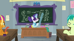 Size: 1280x720 | Tagged: safe, screencap, rarity, sandbar, smolder, dragon, earth pony, pony, unicorn, g4, my little pony: friendship is magic, school daze, clothes, female, male, mare, quill, stallion