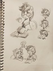 Size: 768x1024 | Tagged: safe, artist:oofycolorful, pony, unicorn, book, comic strip, female, glasses, mare, monochrome, pencil drawing, sketch, traditional art