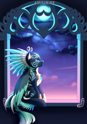 Size: 2585x3641 | Tagged: safe, artist:airiniblock, oc, oc only, oc:alpine apotheon, pegasus, pony, rcf community, feathered mane, high res, jewelry, sitting, solo, window, ych result