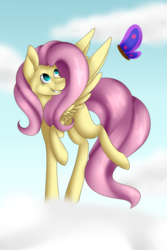 Size: 2000x3000 | Tagged: safe, artist:liamsartworld, fluttershy, butterfly, pegasus, pony, g4, cloud, female, high res, mare, sky, solo