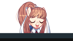 Size: 1280x720 | Tagged: safe, artist:zelphyrthesecond, earth pony, pony, bow, clothes, doki doki literature club!, eyes closed, female, hair bow, just monika, mare, monika, musical instrument, open mouth, piano, ponified, school uniform, schoolgirl, simple background, solo, spoilers for another series, transparent background, your reality