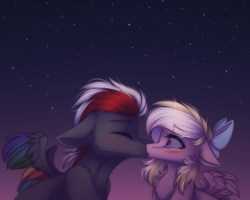 Size: 2236x1788 | Tagged: safe, artist:norra, oc, oc only, oc:bay breeze, oc:mahx, pegasus, pony, bahx, blushing, bow, couple, cute, eyes closed, female, hair bow, kissing, male, mare, oc x oc, ocbetes, shipping, spread wings, stallion, stars, straight, surprise kiss, wings, ych result