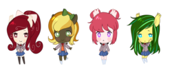 Size: 1351x638 | Tagged: safe, artist:kaikururu, oc, oc only, oc:autumn harvest, oc:blood garter, oc:cherri crimson, oc:joke plant, oc:kaikururu, anthro, clothes, doki doki literature club!, group, monika, natsuki, quartet, sayori, school uniform, simple background, transparent background, yuri (ddlc)