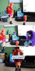 Size: 2048x4096 | Tagged: safe, artist:artofmagicpoland, sci-twi, sunset shimmer, twilight sparkle, alicorn, comic:am i screwed?, equestria girls, g4, art inspired by other artist, chibi, doll, equestria girls minis, eqventures of the minis, female, holding, imminent battle, inspiration, irl, microsoft windows, midnight sparkle, photo, question, reboot series, sign, toy, twilight sparkle (alicorn), windows 10