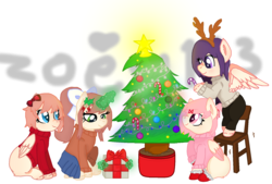 Size: 1752x1184 | Tagged: safe, artist:zoeytrent113, oc, pegasus, pony, unicorn, balancing, base used, bipedal, bottomless, chair, cheek fluff, christmas, christmas tree, clothes, colored wings, colored wingtips, cute, doki doki literature club!, ear fluff, female, group, holiday, holly, hoof hold, leg fluff, lidded eyes, magic, mare, monika, natsuki, ocbetes, pants, partial nudity, ponified, present, quartet, raised hoof, sayori, sitting, skirt, smiling, spread wings, sweater, telekinesis, tree, unshorn fetlocks, wings, yuri (ddlc)