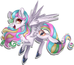 Size: 1171x1021 | Tagged: safe, artist:woonborg, oc, oc only, oc:andromeda magister, pegasus, pony, cheek fluff, chest fluff, clothes, cute, ear fluff, female, fluffy, mare, ocbetes, open mouth, profile, rainbow hair, raised hoof, raised leg, shoes, signature, simple background, smiling, solo, spread wings, transparent background, wings