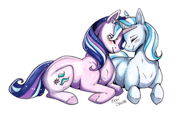 Size: 3800x2500 | Tagged: safe, artist:eeviart, starlight glimmer, trixie, pony, unicorn, g4, duo, eyes closed, female, high res, lesbian, mare, nuzzling, prone, ship:startrix, shipping, simple background, smiling, white background