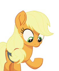 Size: 295x357 | Tagged: safe, edit, edited screencap, screencap, applejack, earth pony, pony, g4, my little pony: the movie, background removed, cute, female, freckles, hatless, jackabetes, looking at something, looking down, mare, missing accessory, raised hoof, silly, silly pony, simple background, solo, transparent background