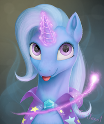 Size: 1171x1400 | Tagged: safe, artist:the1xeno1, trixie, pony, unicorn, g4, :p, female, glowing horn, horn, magic, mare, silly, solo, tongue out