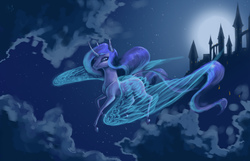 Size: 2657x1716 | Tagged: safe, artist:kimsteinandother, princess luna, pony, g4, canterlot, curved horn, female, flying, glowing wings, horn, mare, missing cutie mark, moon, night, solo
