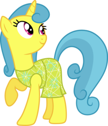 Size: 1000x1164 | Tagged: safe, artist:cloudy glow, lemon hearts, pony, unicorn, g4, clothes, clothes swap, cosplay, costume, crossover, disney, dress, female, inside out, joy (inside out), mare, pixar, raised hoof, simple background, smiling, solo, transparent background