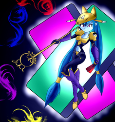 Size: 1700x1800 | Tagged: safe, artist:foxgearstudios, sonata dusk, equestria girls, g4, abstract background, breasts, busty sonata dusk, clothes, crossover, digimon, female, fusion, sakuyamon, smiling, solo, trident