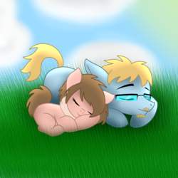 Size: 2000x2000 | Tagged: safe, artist:chelseawest, oc, oc only, earth pony, pony, female, filly, glasses, high res, male, prone, sleeping, stallion