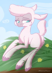 Size: 2893x4092 | Tagged: safe, artist:meowmavi, pom (tfh), lamb, sheep, them's fightin' herds, cloud, cloven hooves, community related, female, flower, grass, lidded eyes, sky, smiling, solo